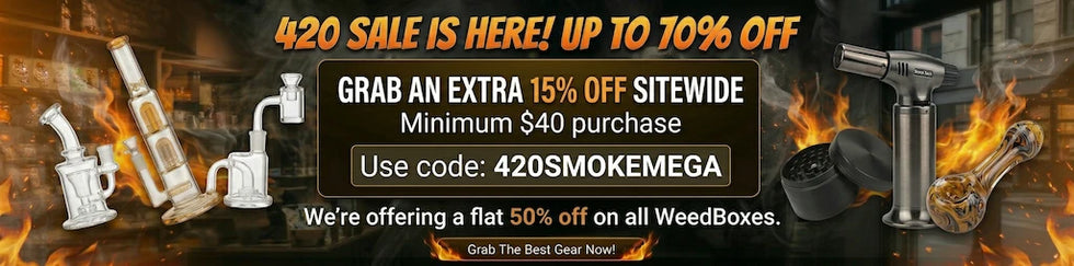 Promotional banner for a 420 sale with discounts on smoking accessories and weed boxes.