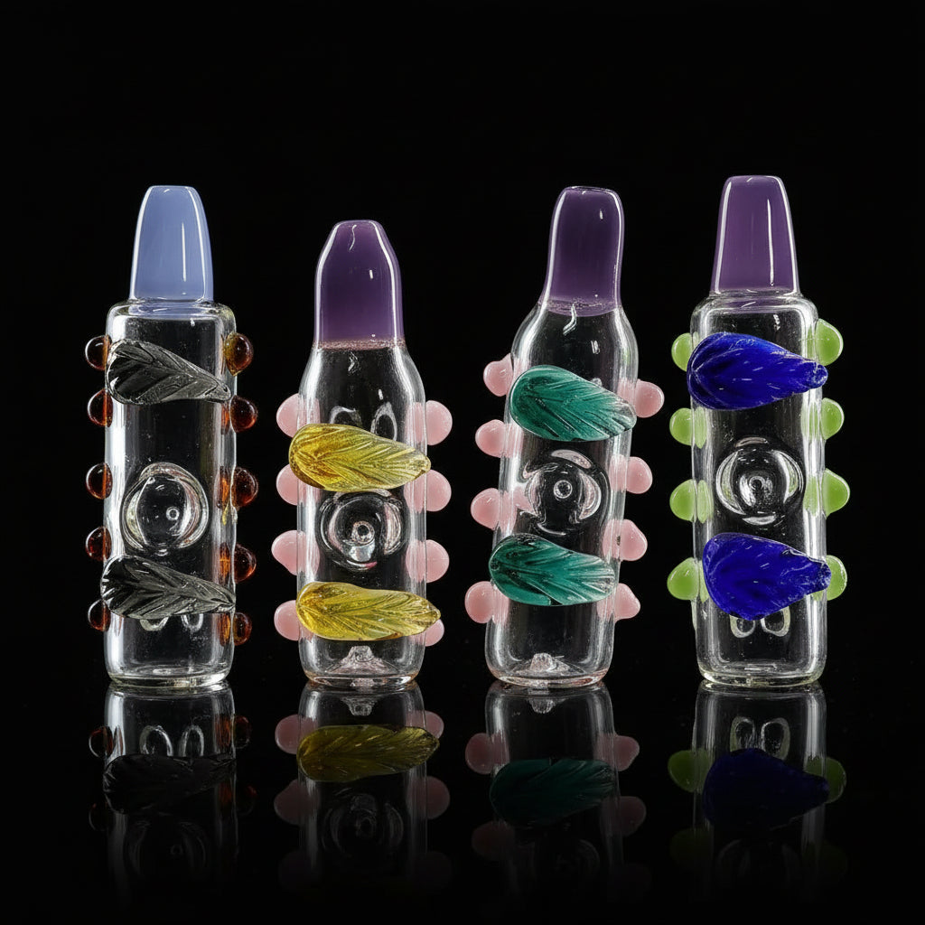 6" glass hand pipe with leaf and dot design, handmade, round shape, available in various colors.