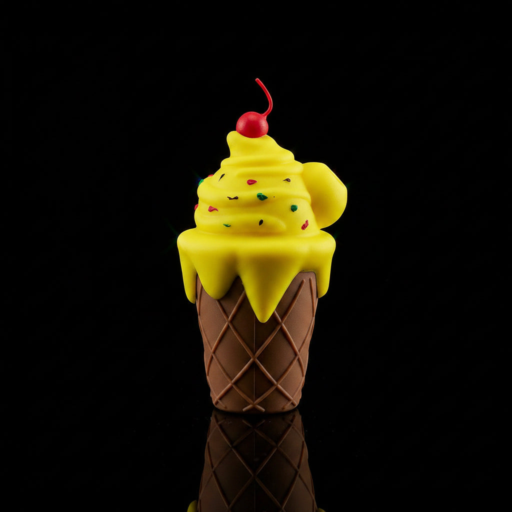 6" ice cream silicone dab rig in yellow with cherry detail, portable and durable design.