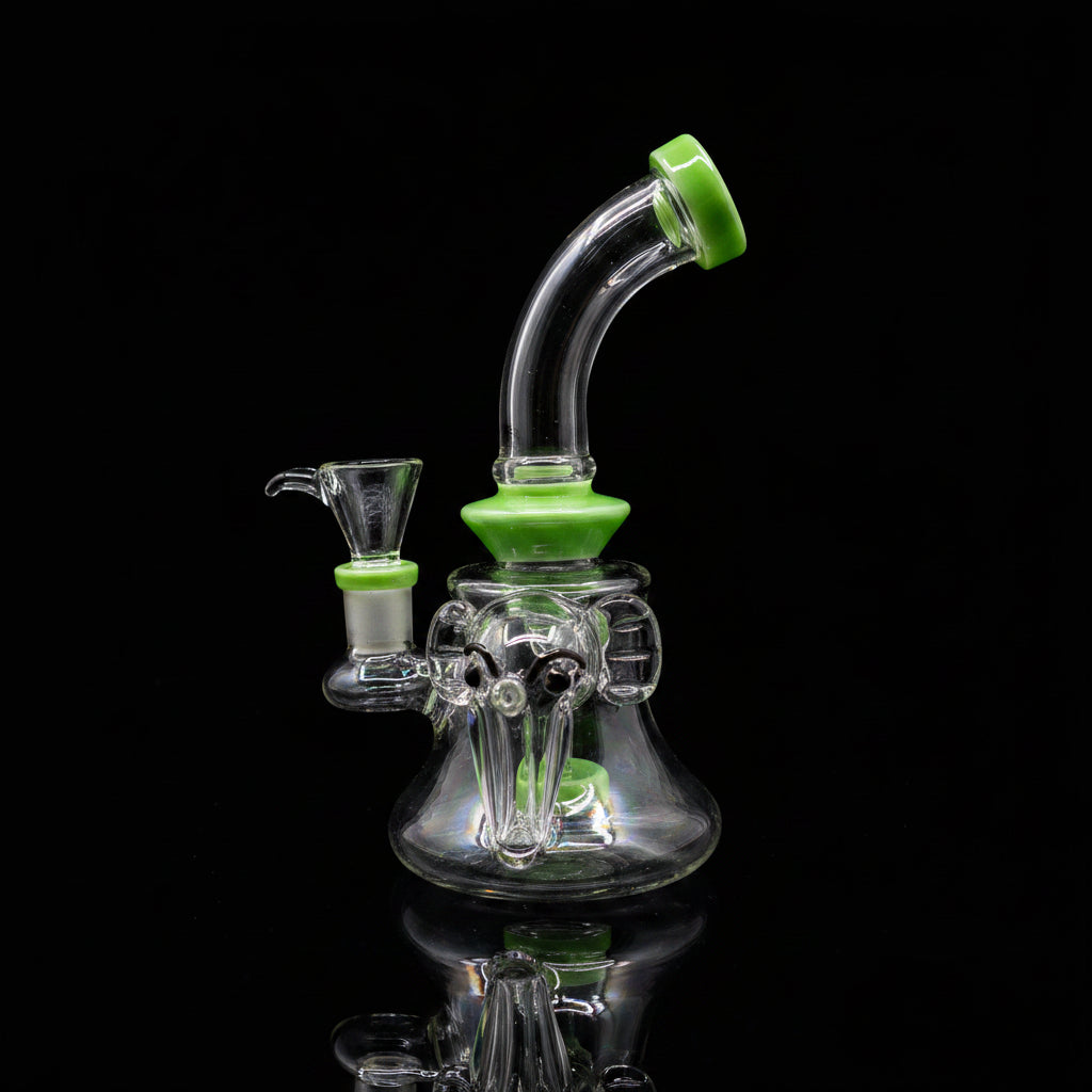 7" Elephant Head design Dab Rig with unique glass elephant head, reinforced joints, and showerhead percolator.