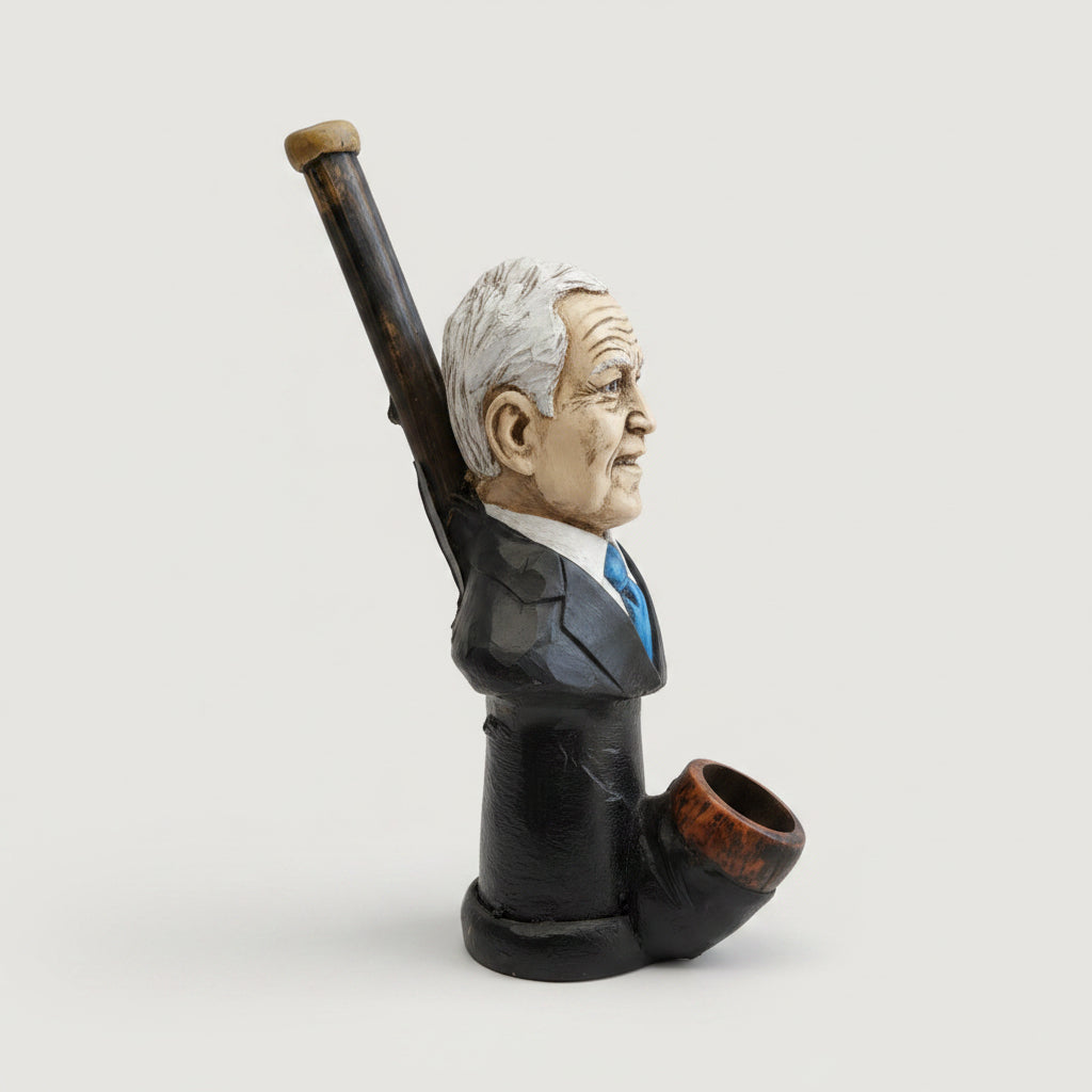 A sculptural smoking pipe shaped like a bust portrait of a person in profile, with a long dark stem and a brown bowl, displayed on a white tabletop near a window with an outdoor city view.