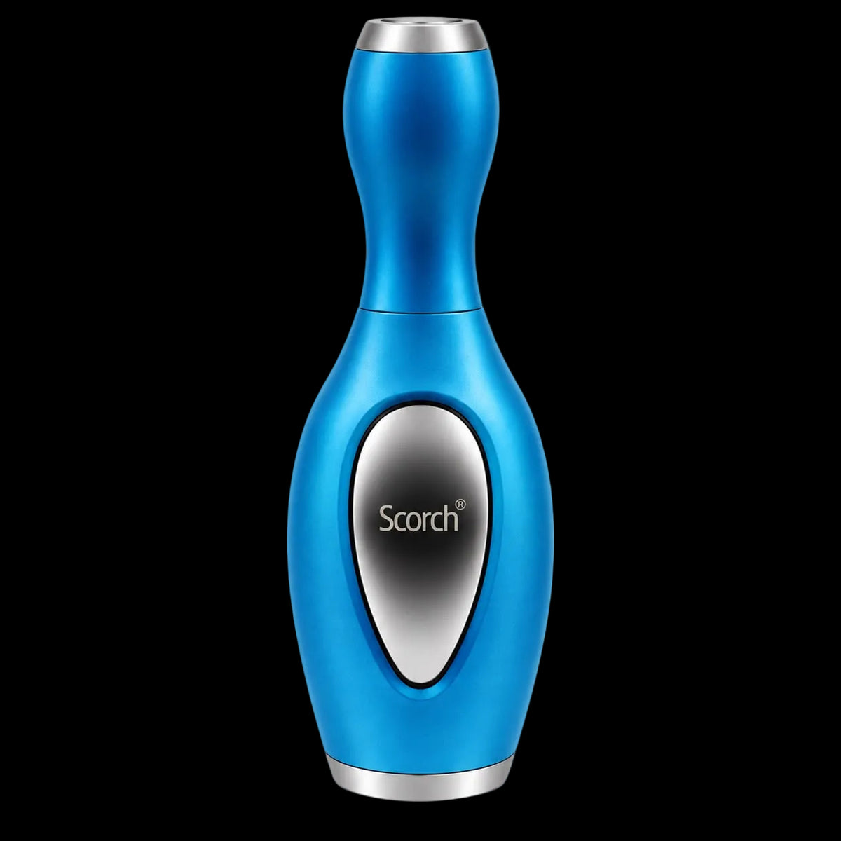 A blue handheld beauty device with a metallic finish, featuring a silver oval panel on the front with the brand name 'Scorch' and a silver top and bottom cap, shown against a plain white background.