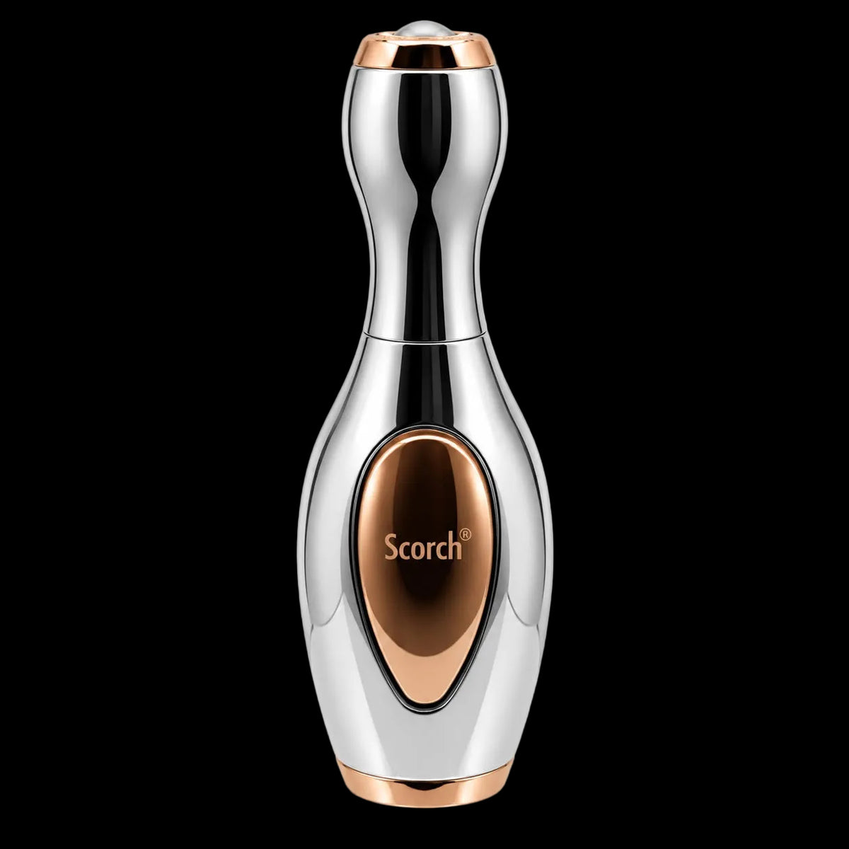 A handheld beauty device with a polished chrome silver body and rose gold accents, featuring the brand name 'Scorch' on a metallic oval panel on the front, set against a plain white background.