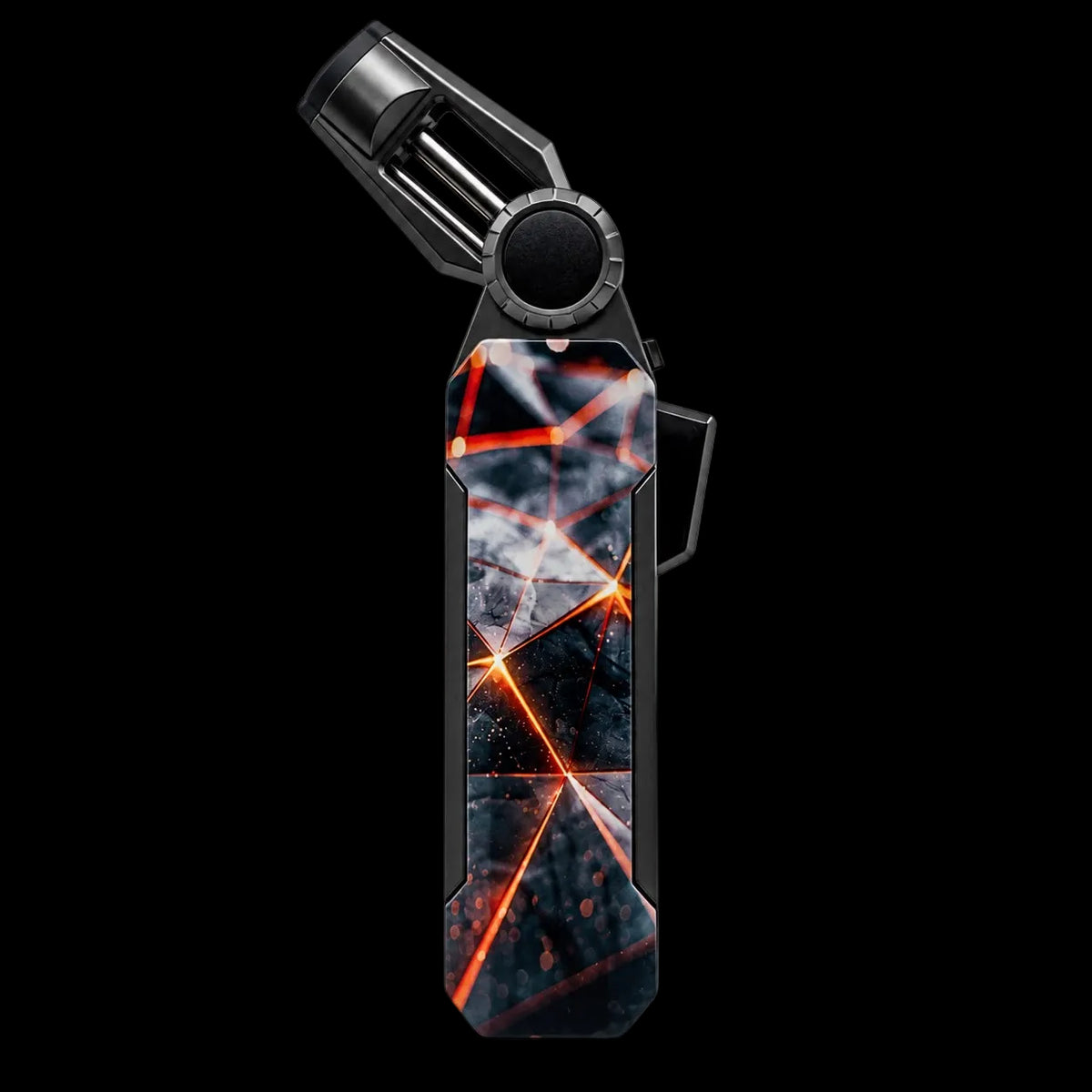 A black folding lighter with a dark gray and orange geometric cracked-glass skin, shown on a solid white background.