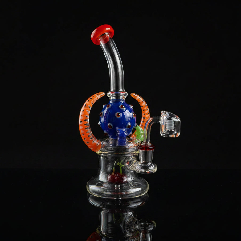 Bent neck double horn bong with showerhead perc, 7.5 inches, high-quality borosilicate glass.