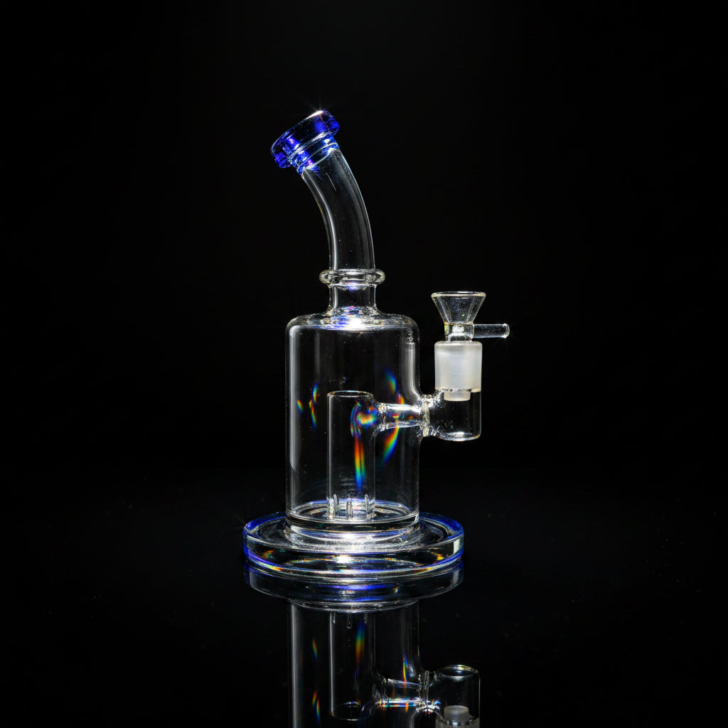 Glass bubbler with slitted perc water pipe bong, 9-inch, showing smoke diffusion.
