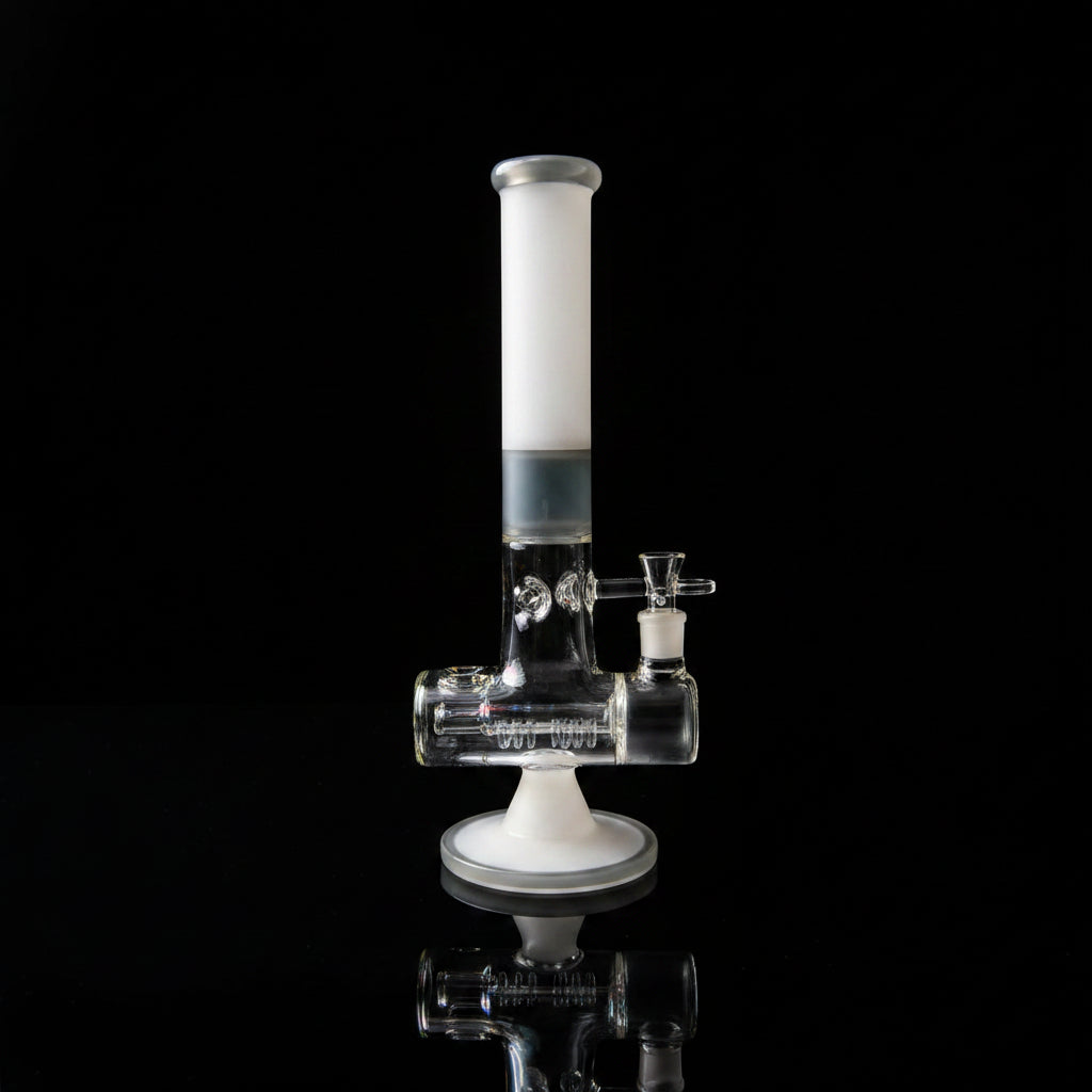Quintuple Showerhead Inline Perc Bong 16" on beach background, clear borosilicate glass with showerhead percolators, 14mm joint.