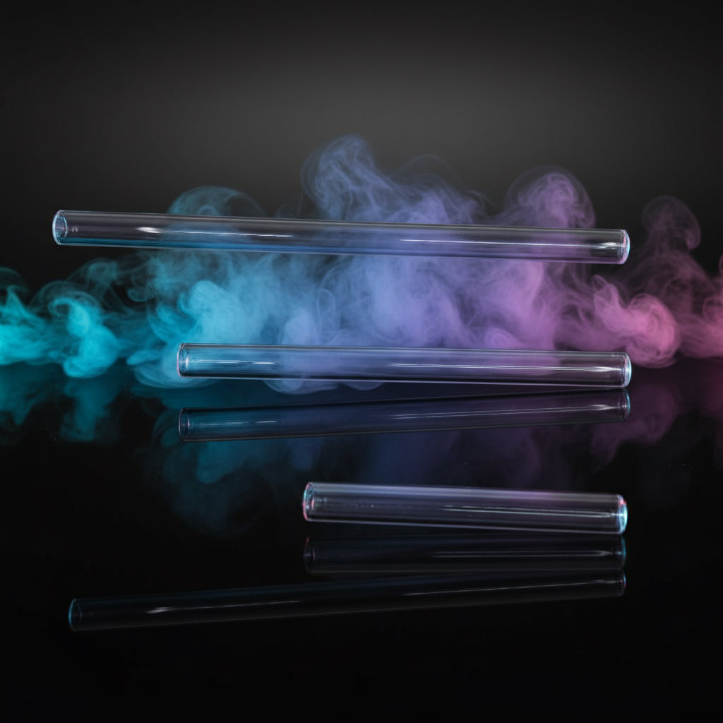 Three clear cylindrical objects on a light purple background