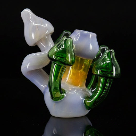 Corkscrew Mushroom Bubbler 6.5" in purple glass, unique design, durable, portable smoking accessory.