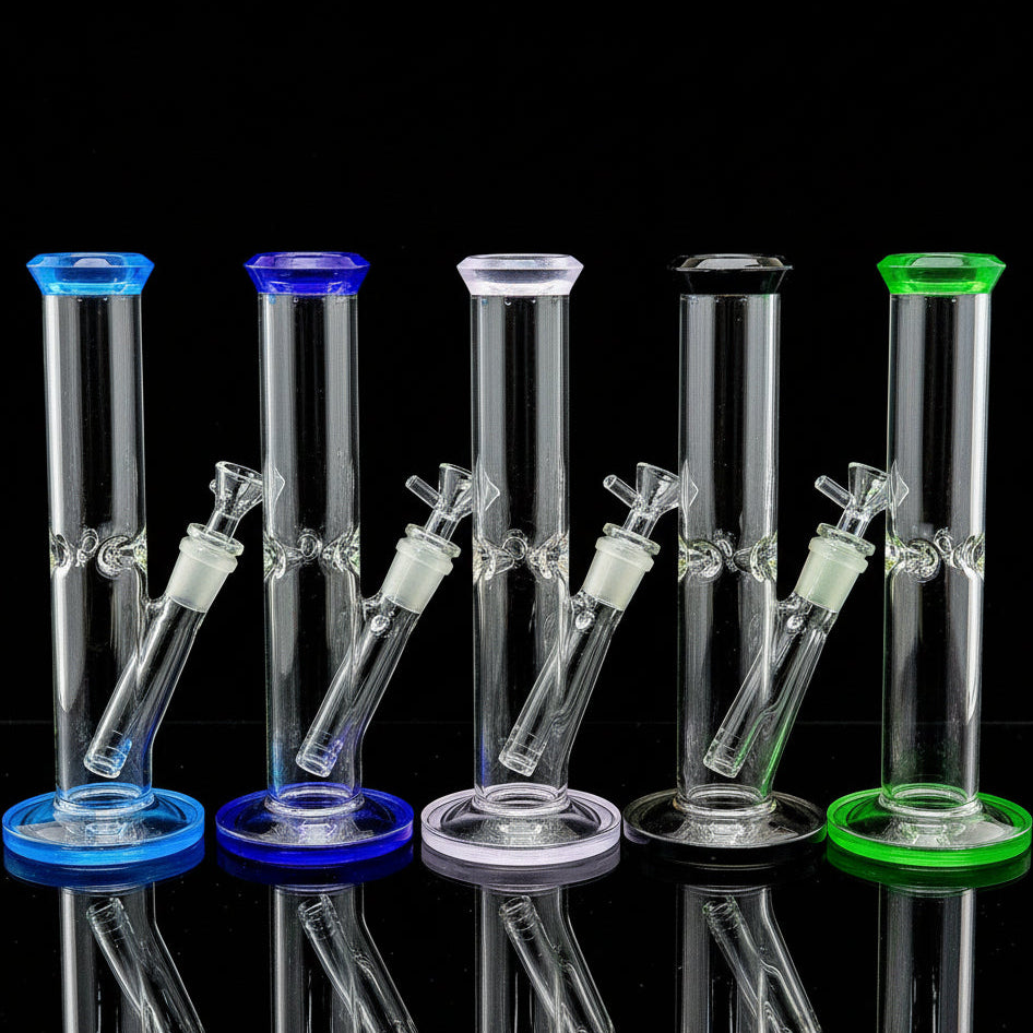 Crystal clear 9 inch Straight Water Bong With Color Mouth And Base - SmokeMEGA