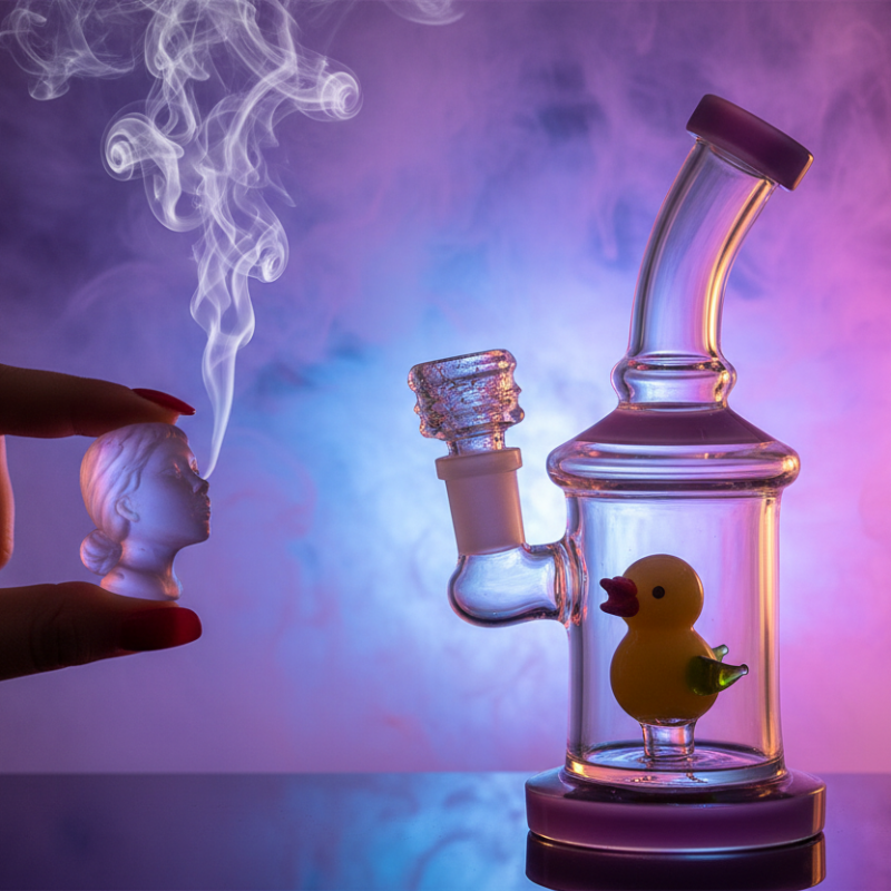 Glass smoking device with a small rubber duck figure inside, emitting smoke against a colorful background.