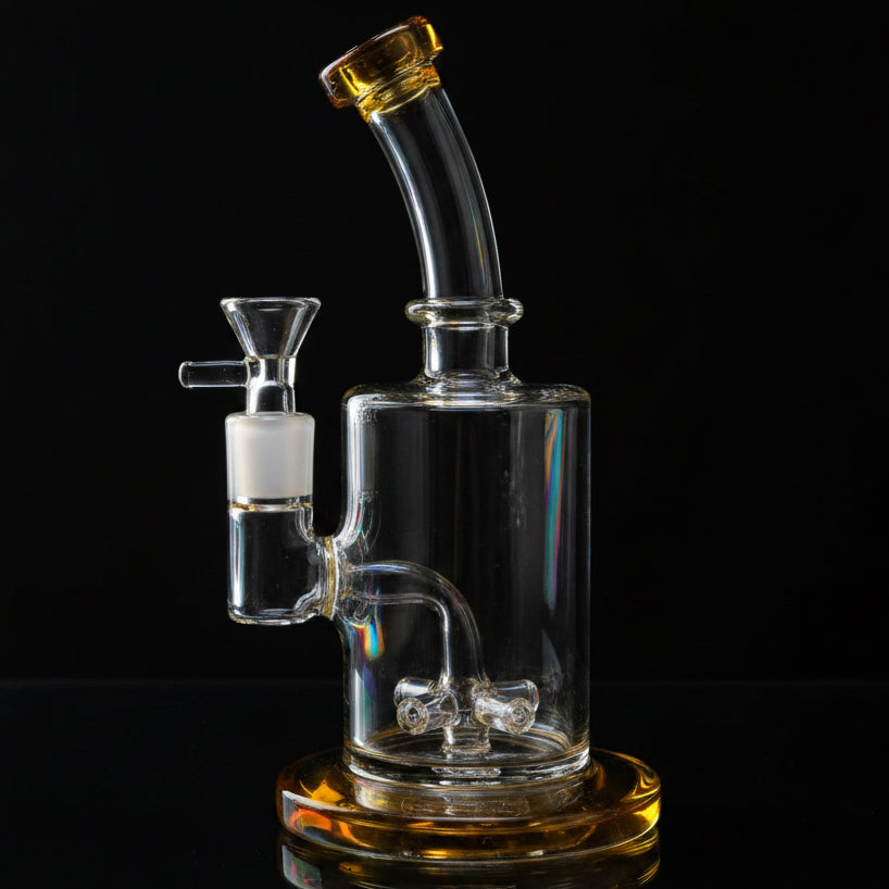 Showerhead Percolator Dab Rig 7" with Glass Bubbler on Wooden Table