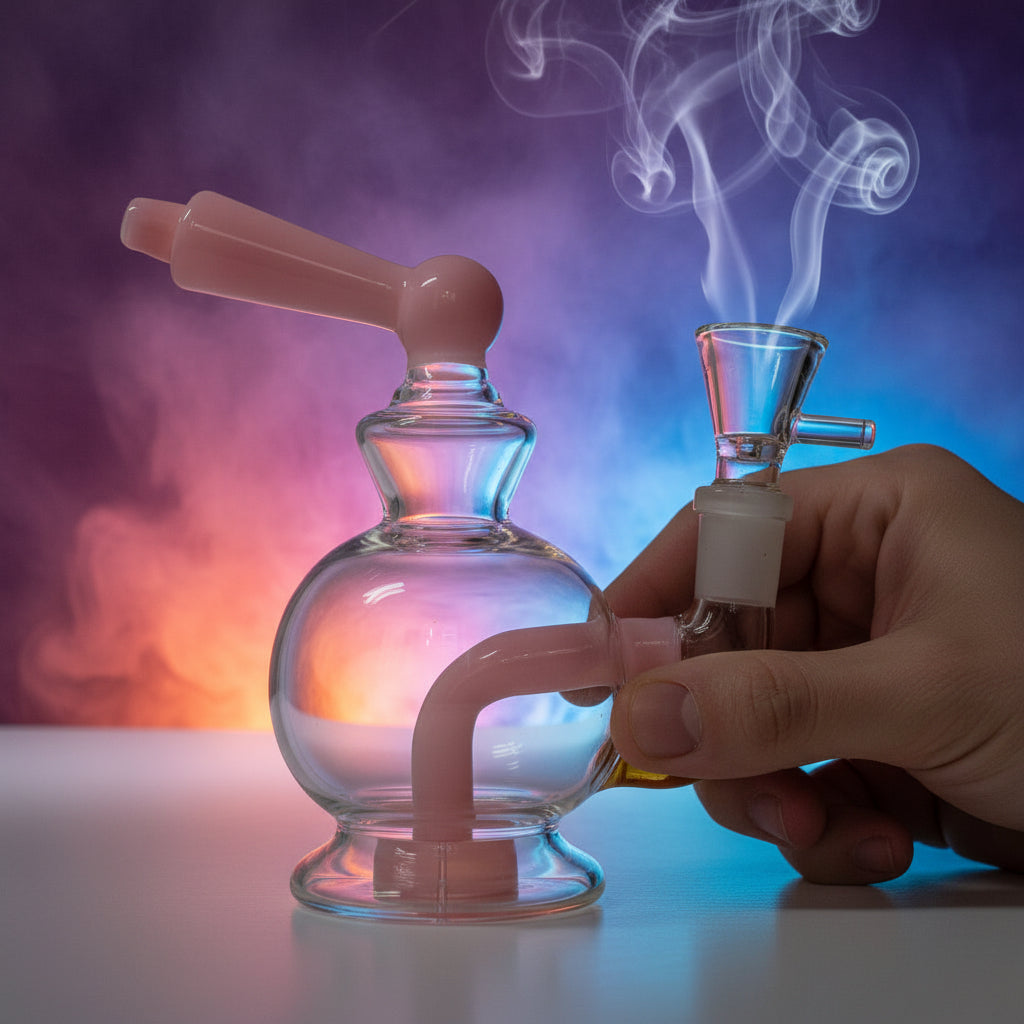 6" Bent Dab Rig made of borosilicate glass with a compact design and bent neck for smooth hits.