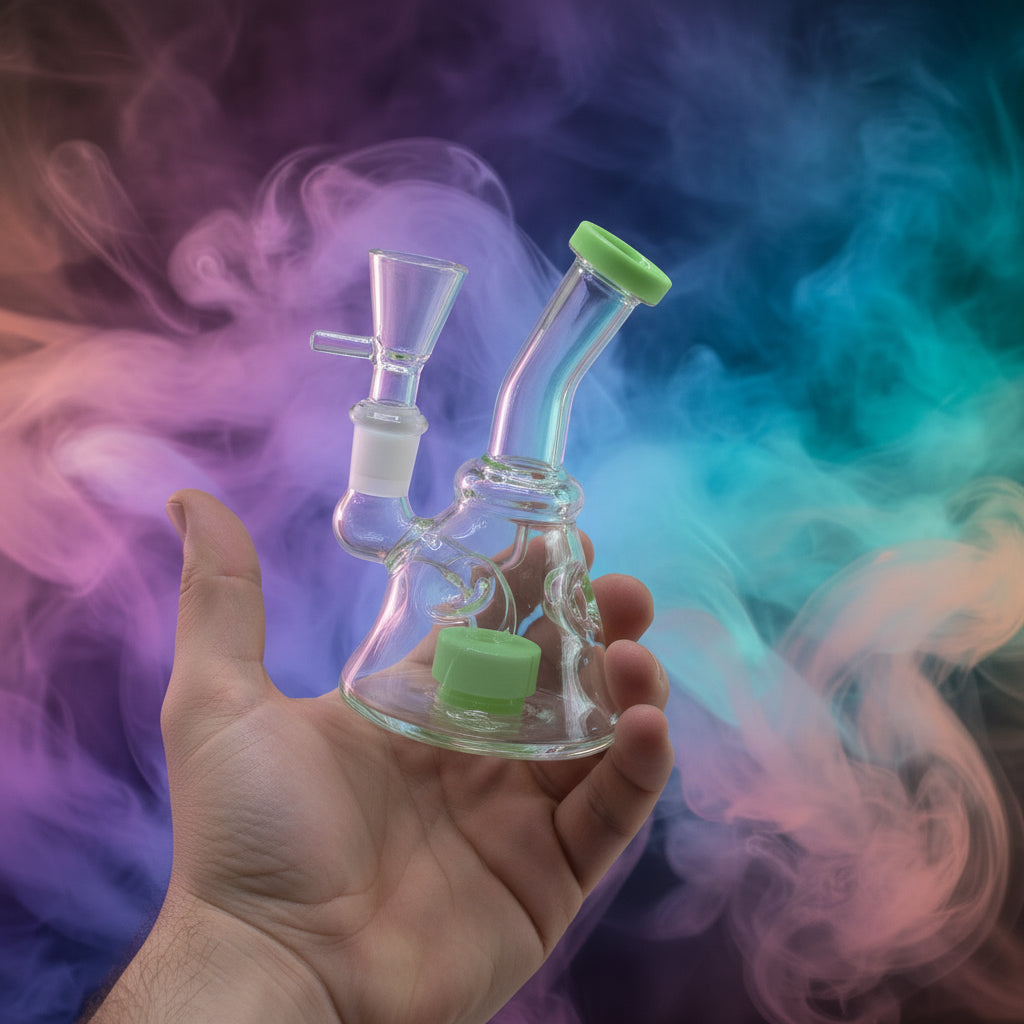 6" Ice Punch Shower Head Percolator Dab Rig with green accents, glass design.