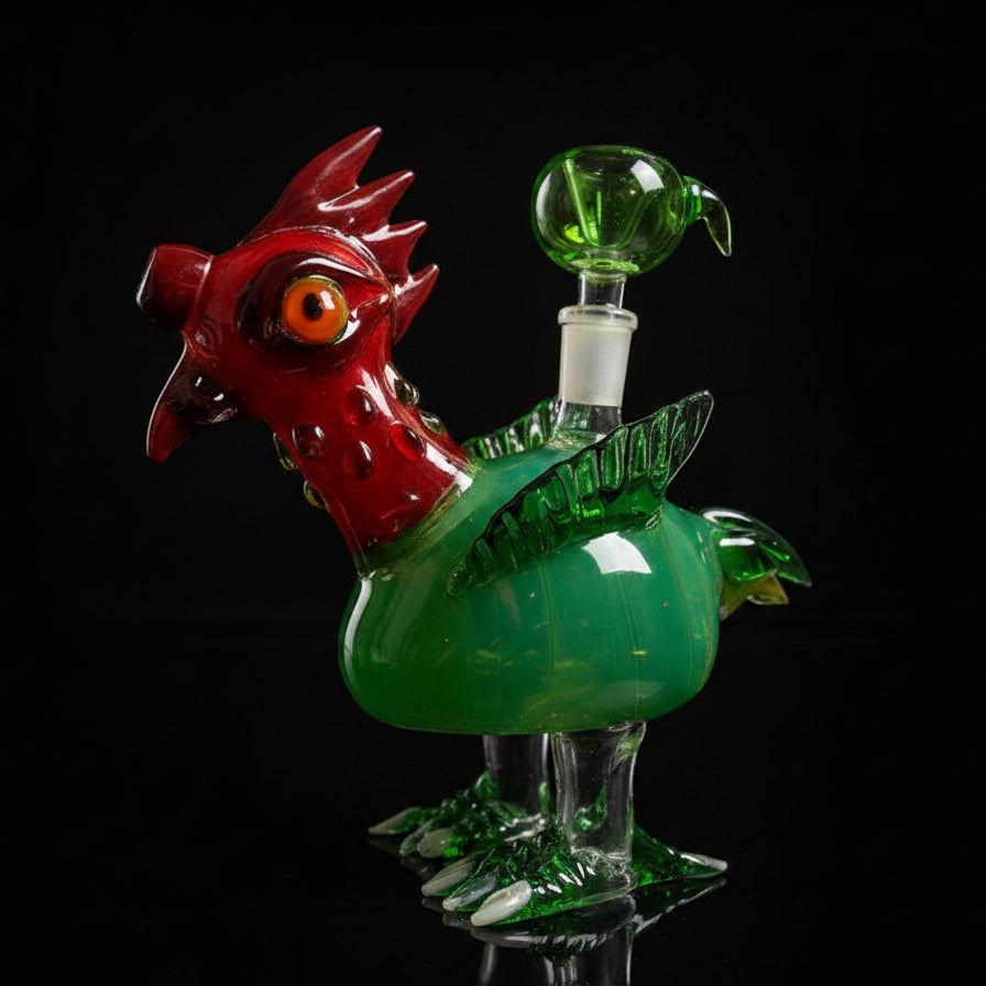 6" Red Chicken Glass Handmade Water Pipe with unique chicken design