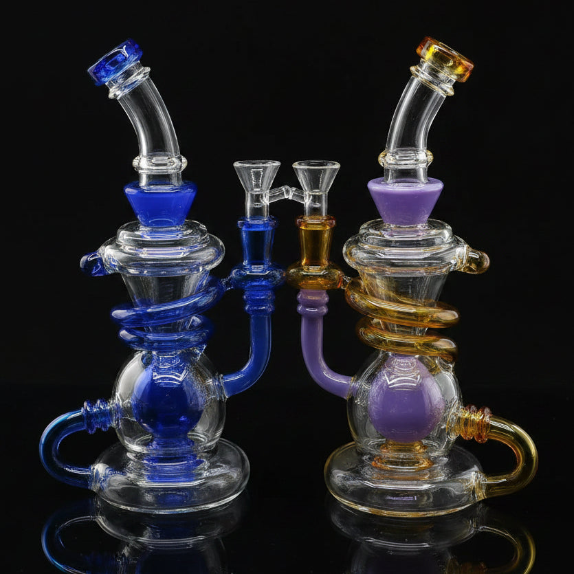 8.5" Multi Arm Internal Ball Recycler Dab Rig in blue and amber colors with sleek, durable glass design.