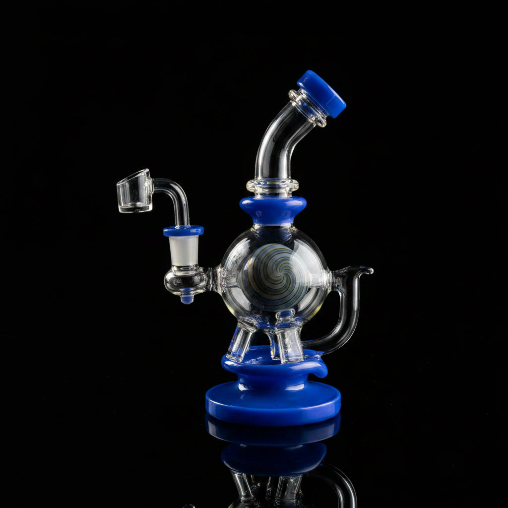 Bent Neck Lollipop Ball Insert Perc Dab Rig 8.5" on rocky surface, emitting vapor, with scenic backdrop.