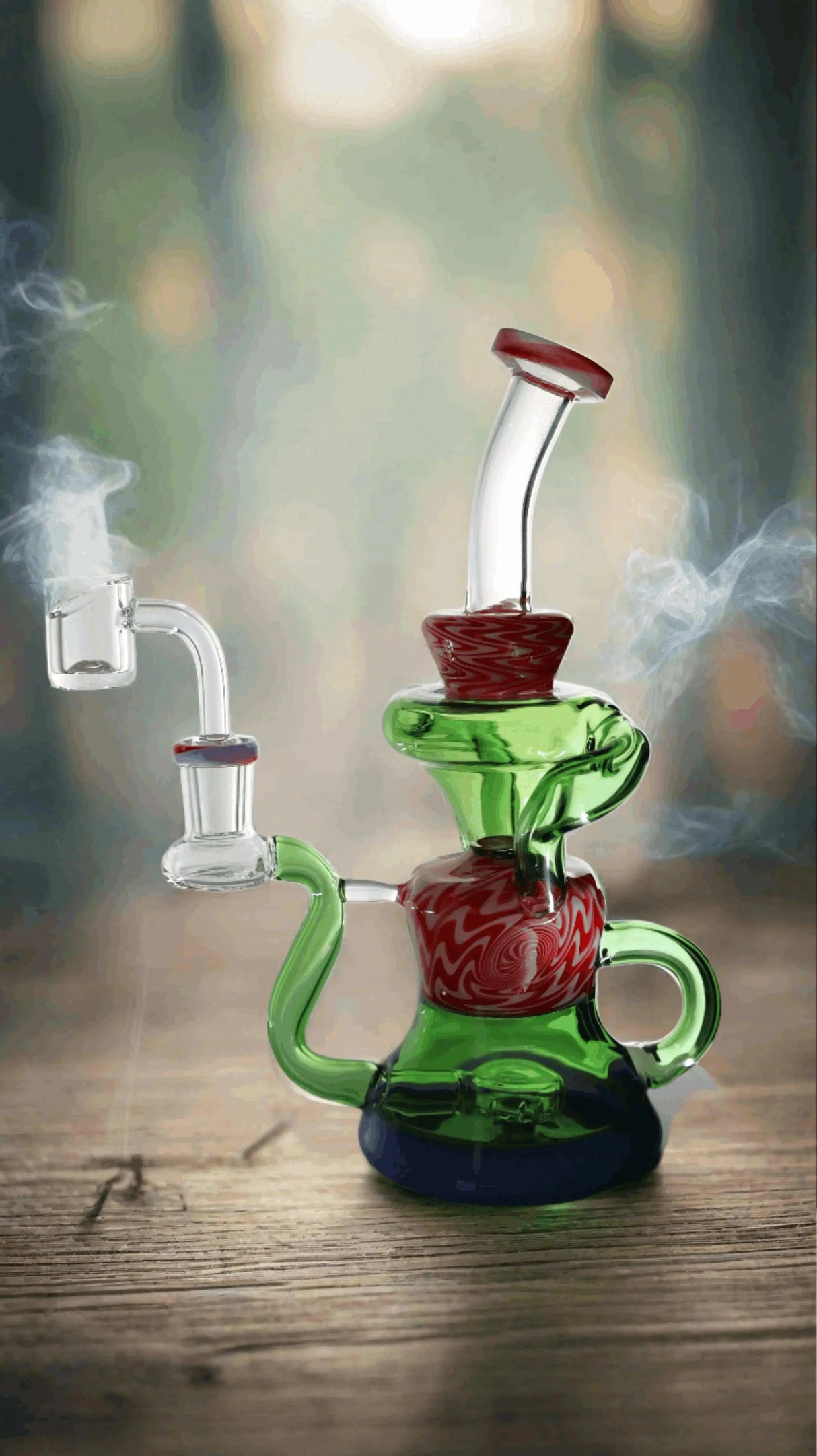 Candy colored twisted percolator dab rig 8.5" with triple percolator system, high-quality borosilicate glass, compact design.