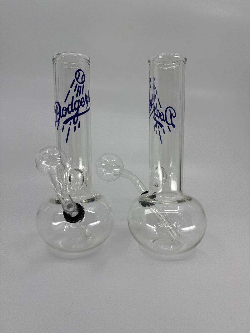 Clear glass smoking device with blue branding on a white background