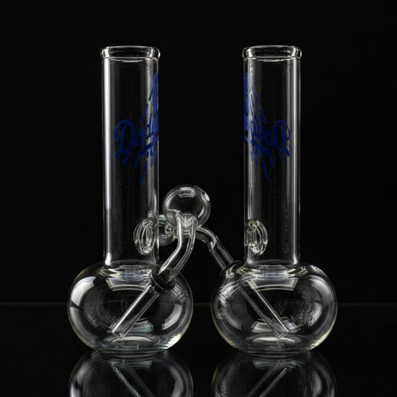 Clear glass smoking device with blue branding on a white background