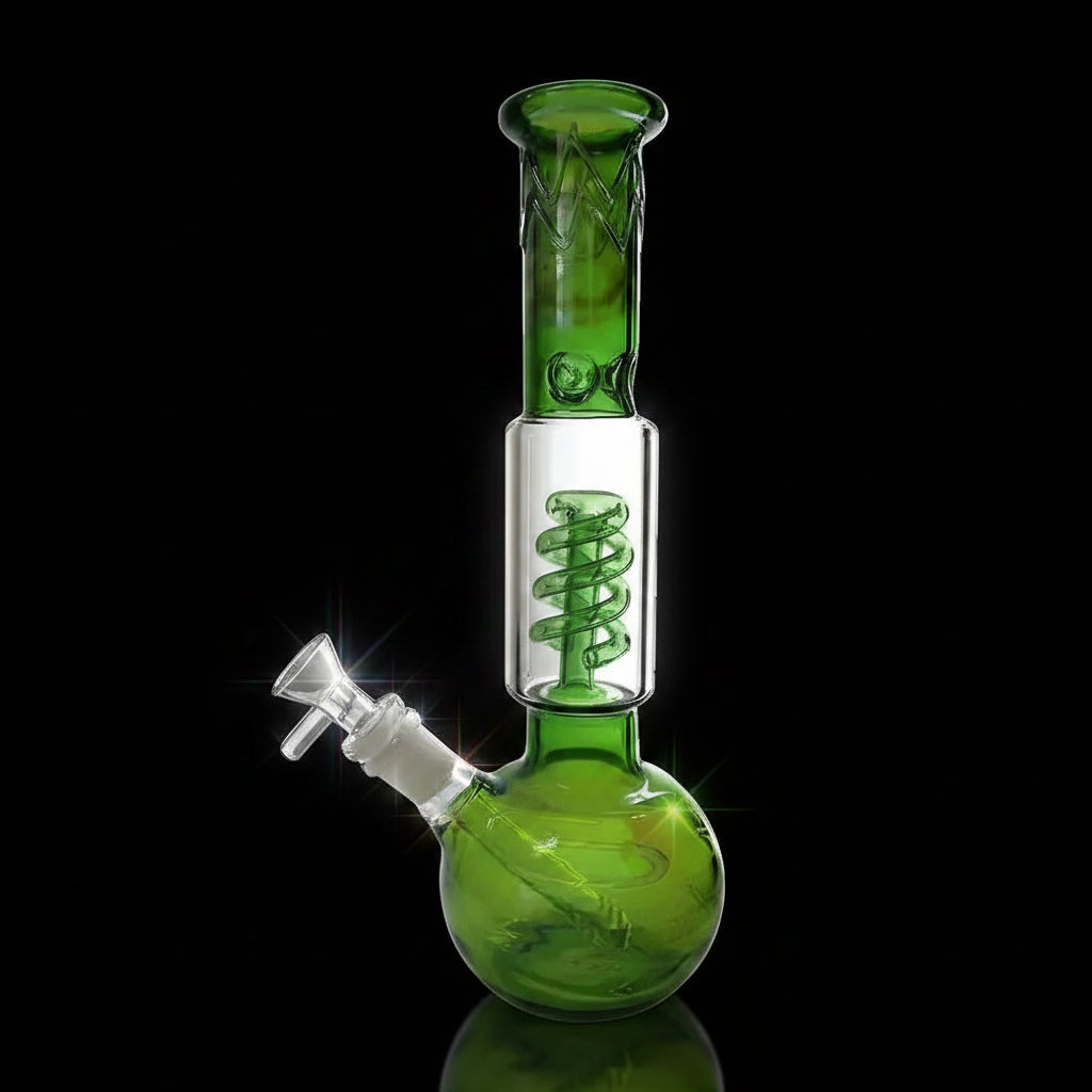 Fumed Spiral Perc Beaker Cheef Glass Water Pipe Bong 11", green glass, spiral percolator, 14mm bowl, 18mm down-stem