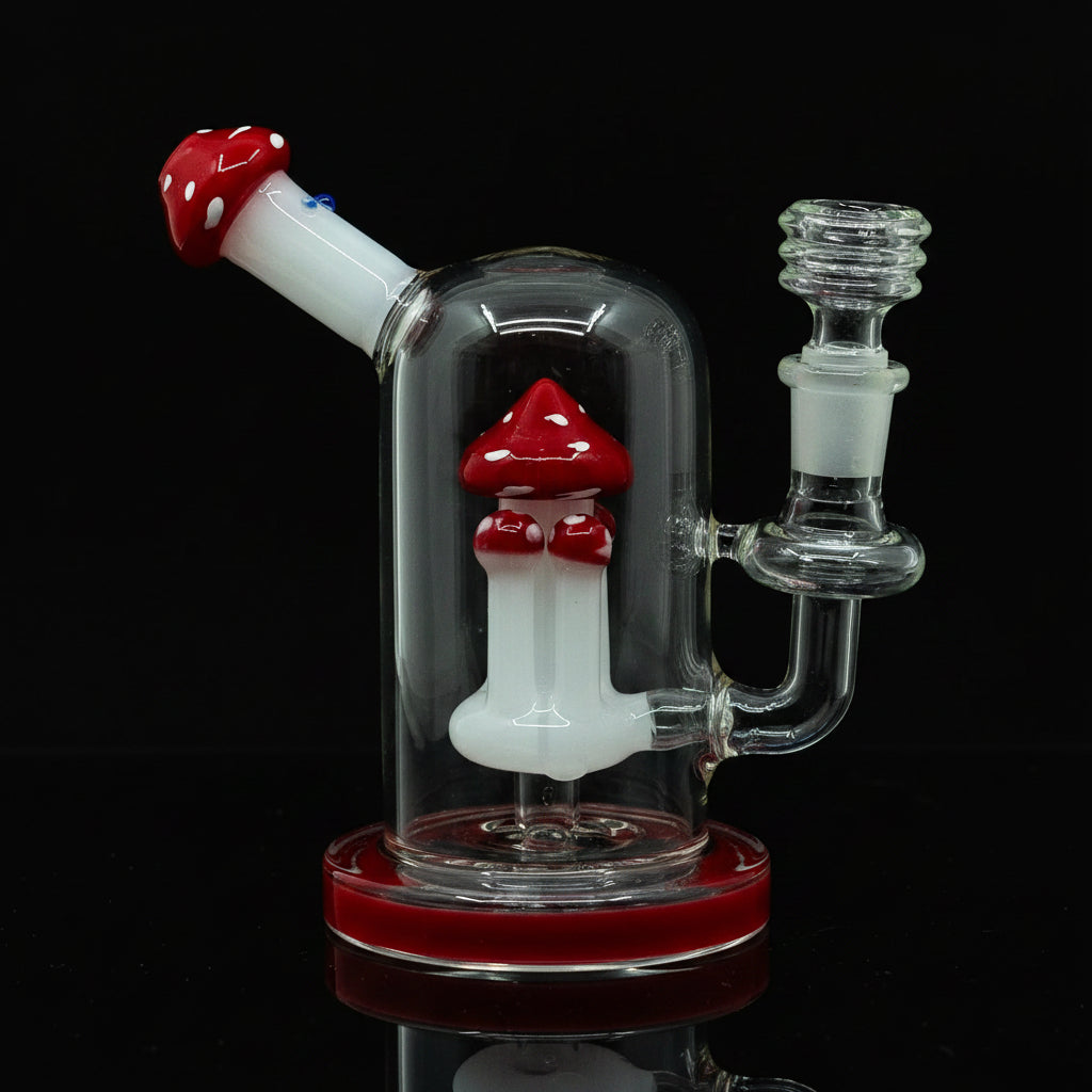 Fungi themed mushroom dab rig made of borosilicate glass, featuring a unique design and vibrant colors.