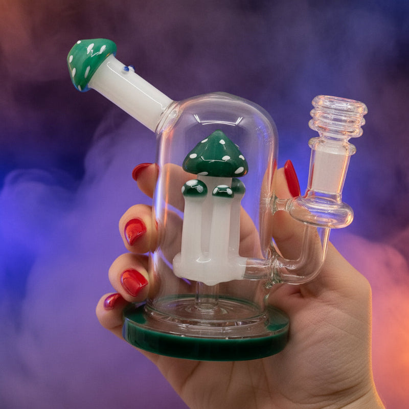 Fungi themed mushroom dab rig in green, made from durable borosilicate glass with a unique design and percolator.