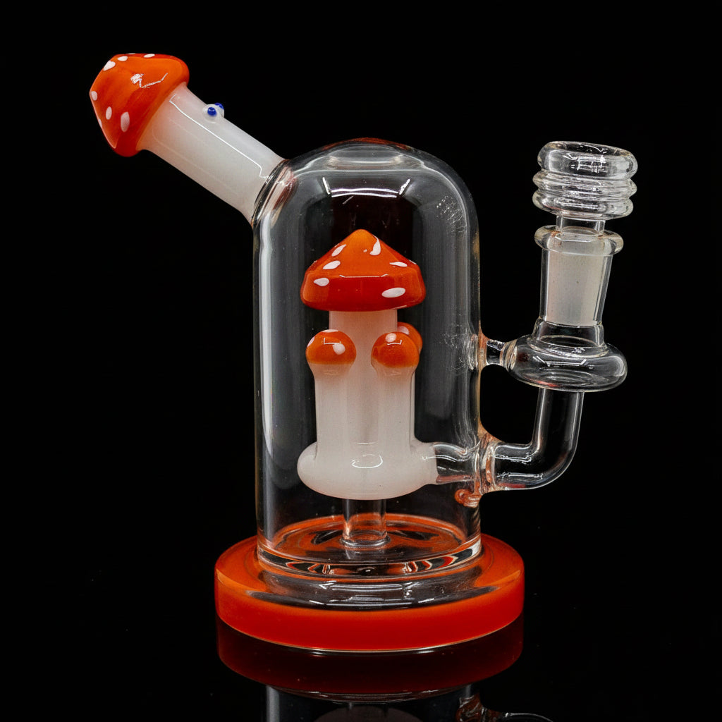 Fungi themed mushroom dab rig made of borosilicate glass, featuring vibrant design and innovative percolator for smooth hits.