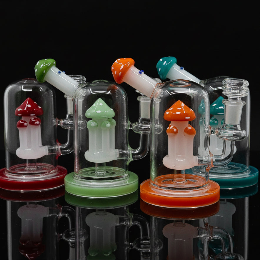 Fungi themed mushroom dab rigs in various colors showcasing durable borosilicate glass and innovative design.