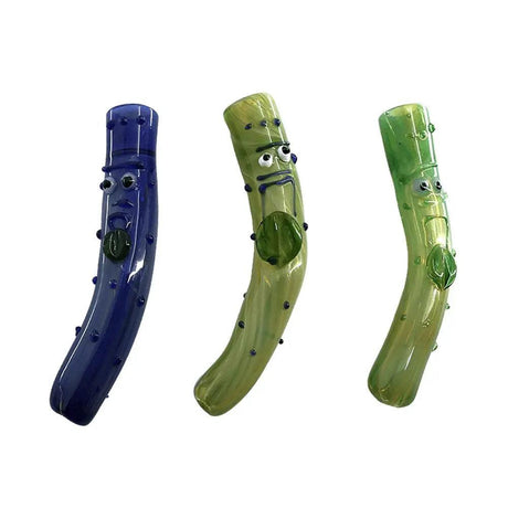 Handmade pickle bent art glass hand pipe, 4.5 inches, whimsical design.