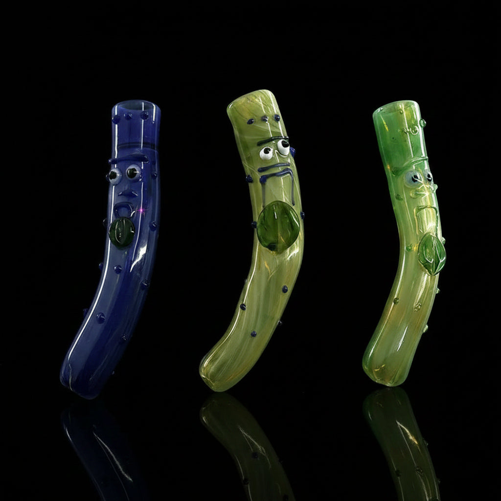 Handmade pickle bent art glass hand pipe, 4.5 inches, whimsical design.