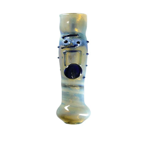 Handmade glass hand pipe with R N M face design, 4 inches long.