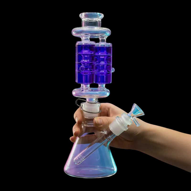 Glass water pipe with purple liquid on a white background