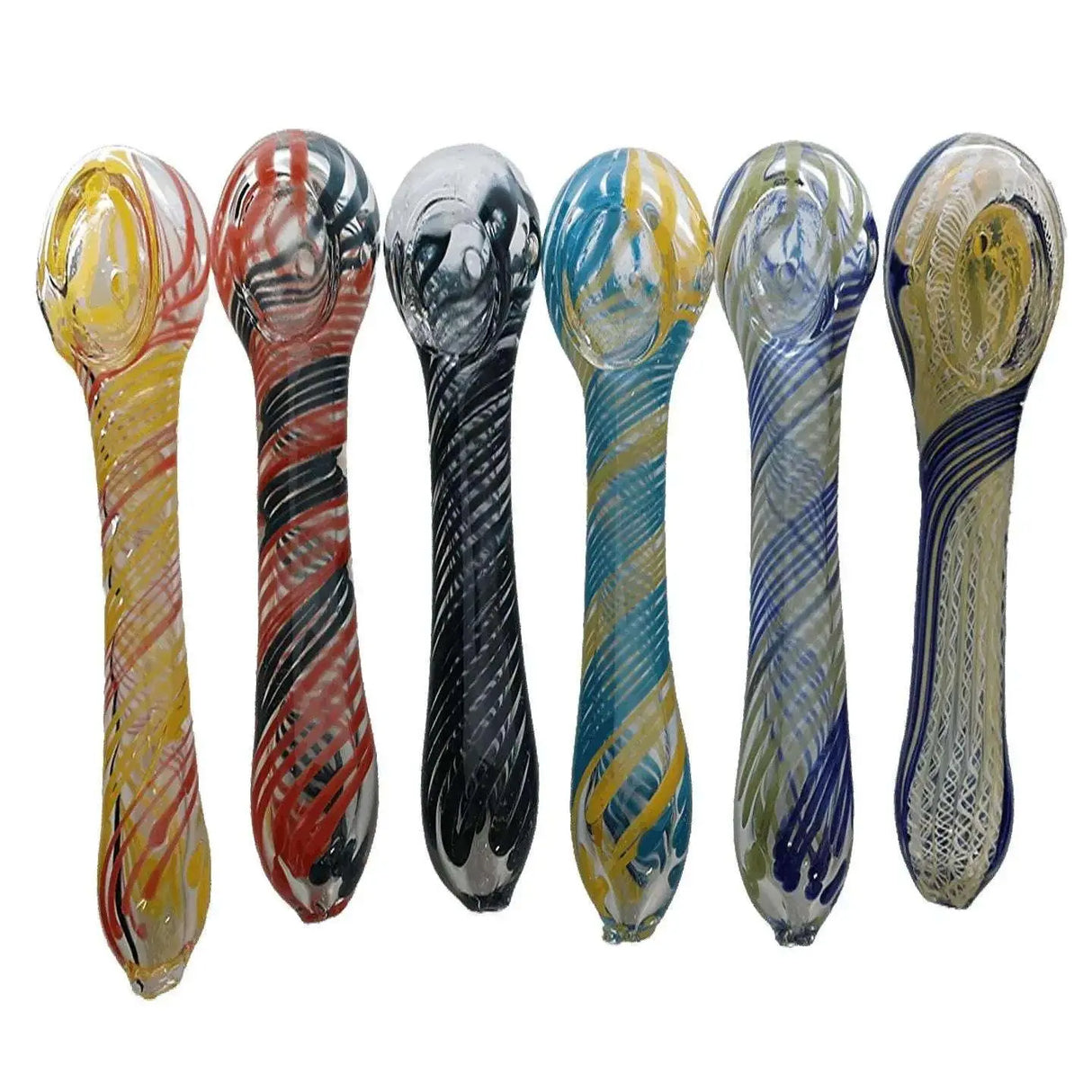 4" hand pipes with colorful swirling art design, available in multiple colors, showcasing artistic craftsmanship and durable construction.