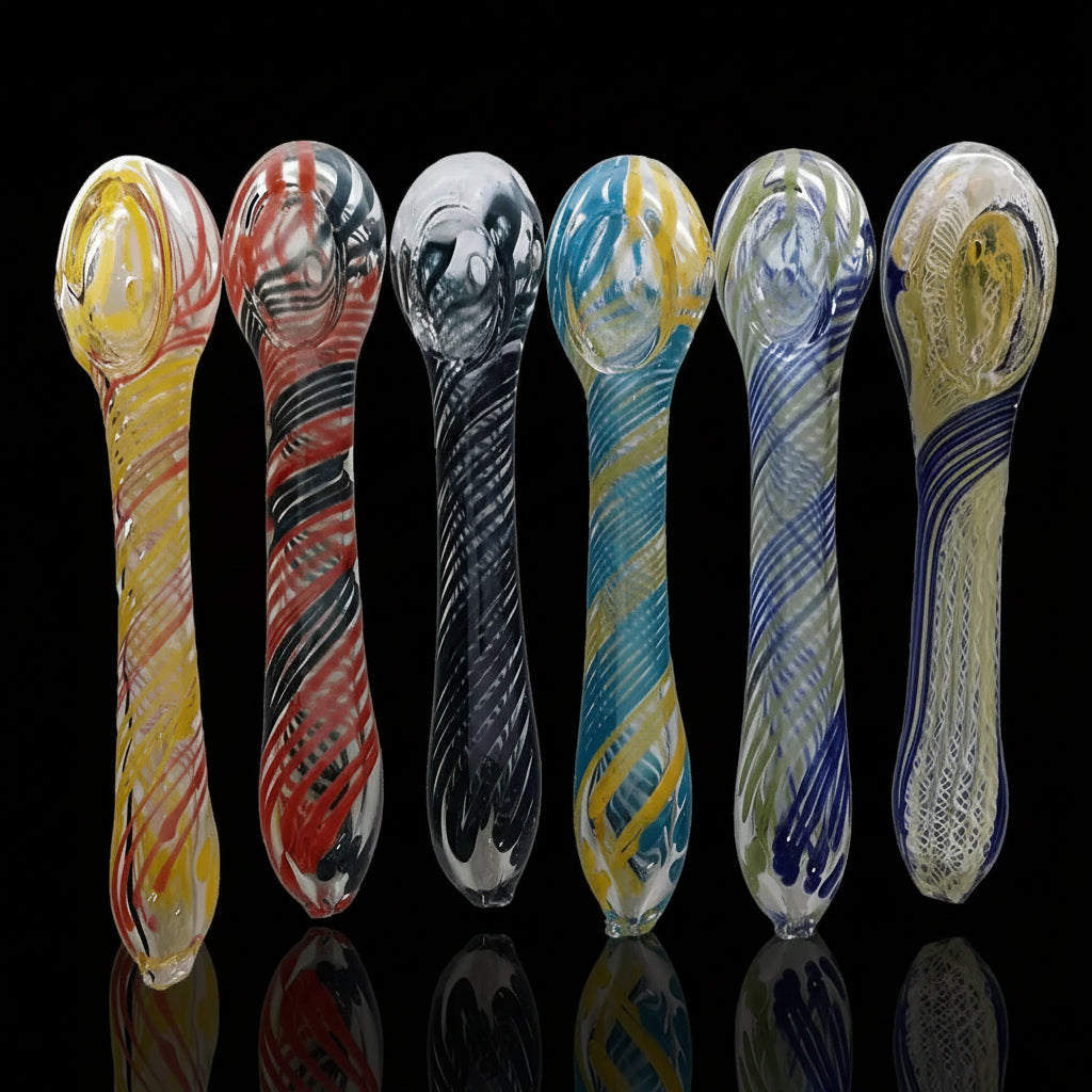 4" hand pipes with colorful swirling art design, available in multiple colors, showcasing artistic craftsmanship and durable construction.
