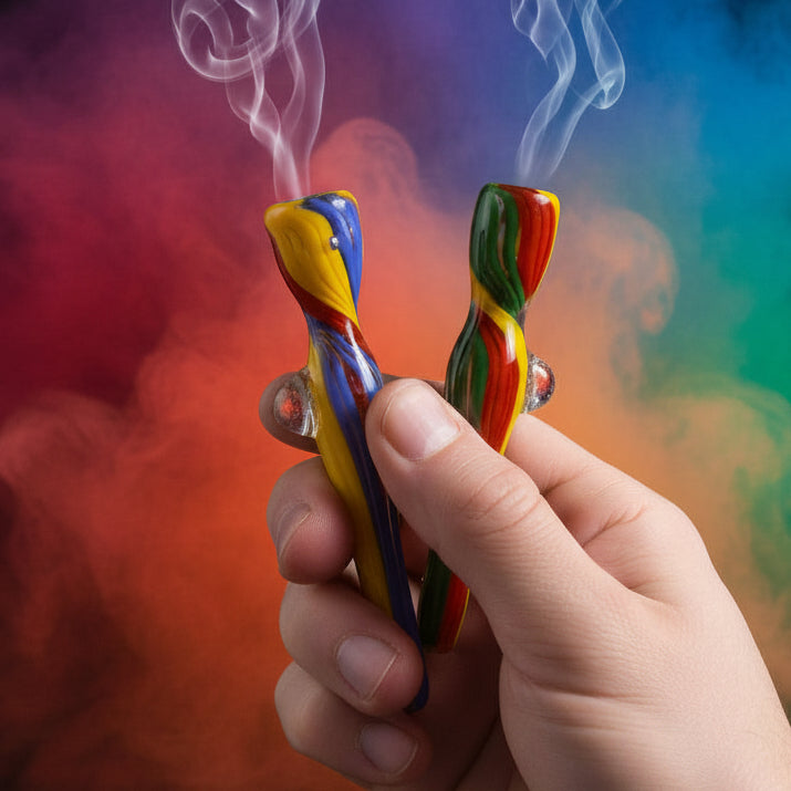 Handmade 4.5" glass pipe with vibrant full-colored twisted design for unique smoking experience.
