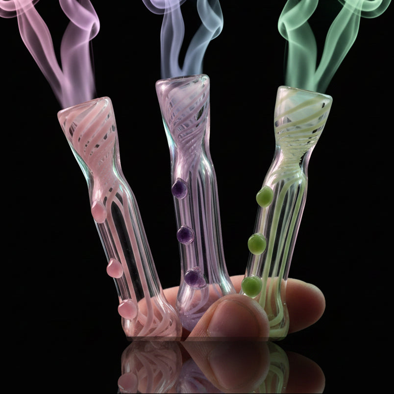 Handmade glass pipes with three-dot colored twisted pattern, 4.5 inches.