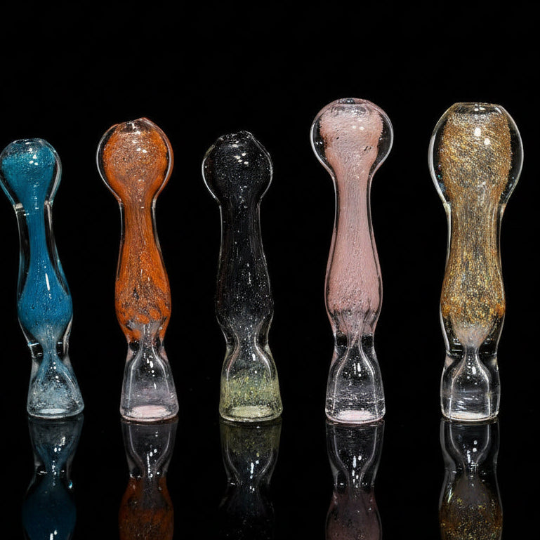 Five 4-inch fritted swirl flat mouth glass hand pipes in assorted colors, showcasing a unique design and compact size.