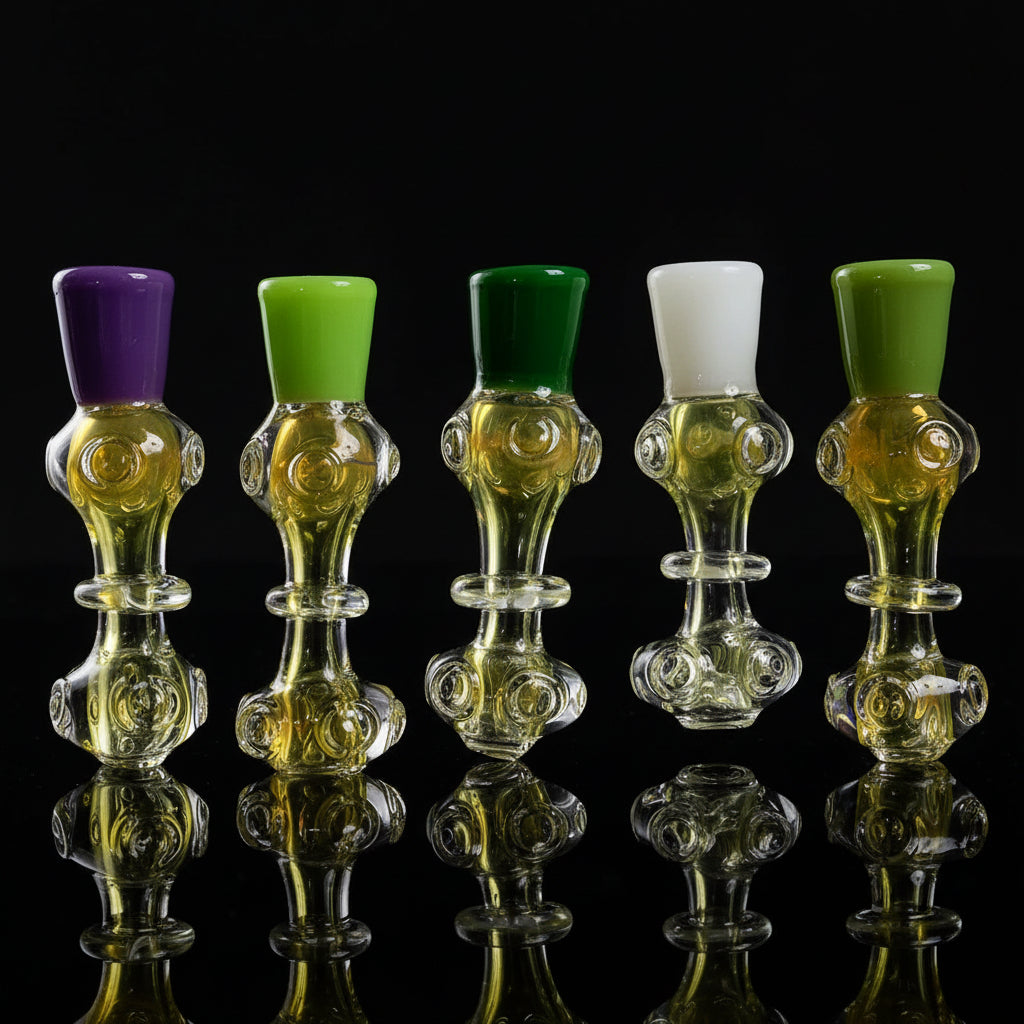 4" handmade glass pipe with colored head ring in various colors.