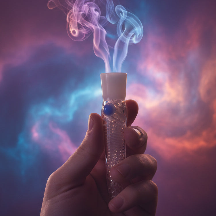 Handmade glass pipe with colored dot insert, 5-inch size.