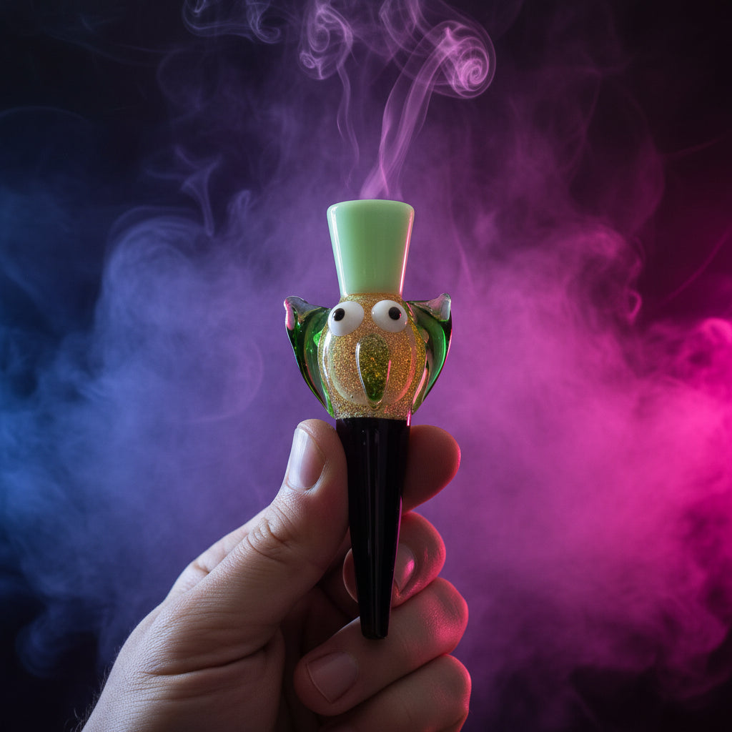 5" glass hand pipe with colorful owl design and ears, handmade and unique.