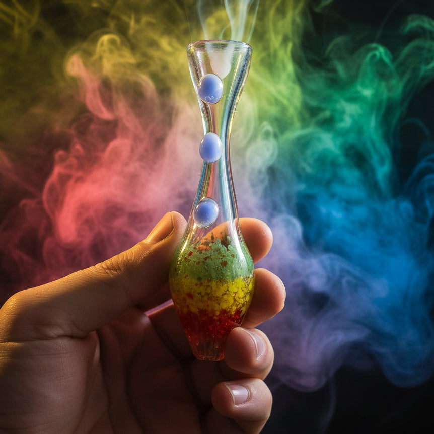 Handmade glass pipe with three dot colored insert, 5 inches, unique design.