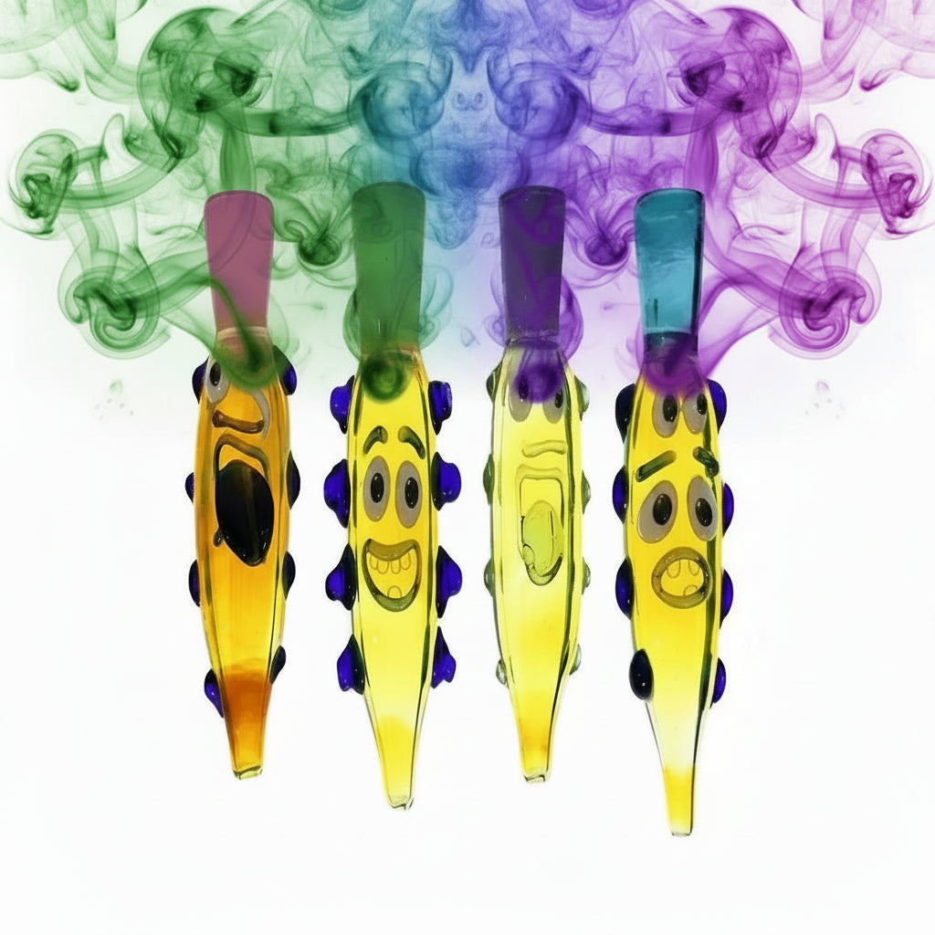 5.5" handmade glass hand pipe with unique face design and colorful accents, compact and portable for smoking enthusiasts.