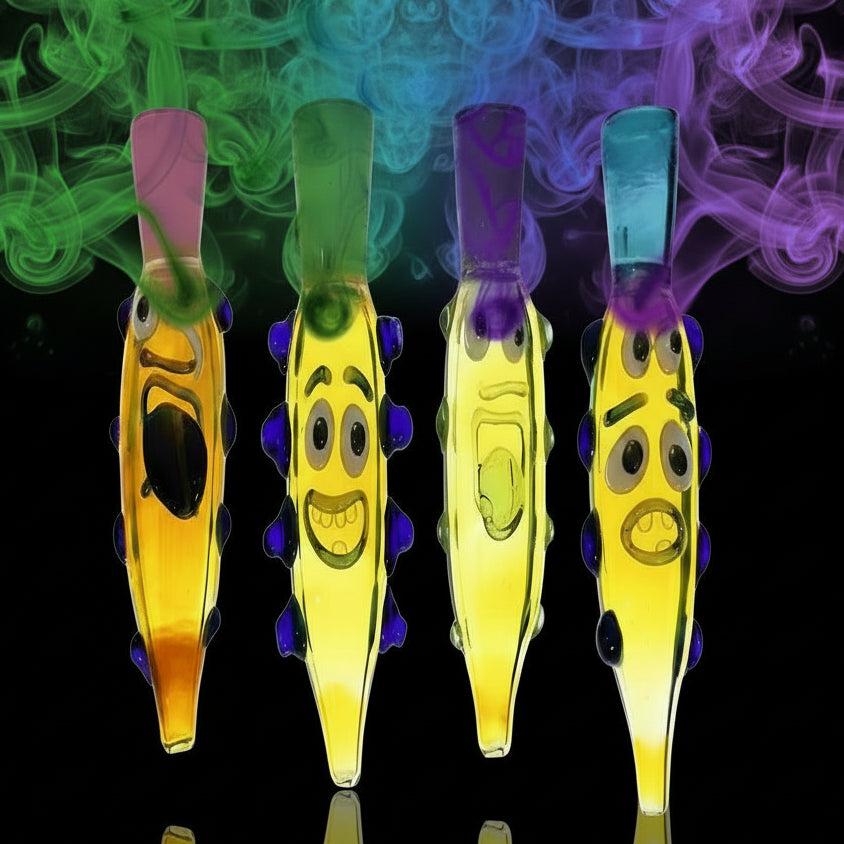 5.5" handmade glass hand pipe with unique face design and colorful accents, compact and portable for smoking enthusiasts.