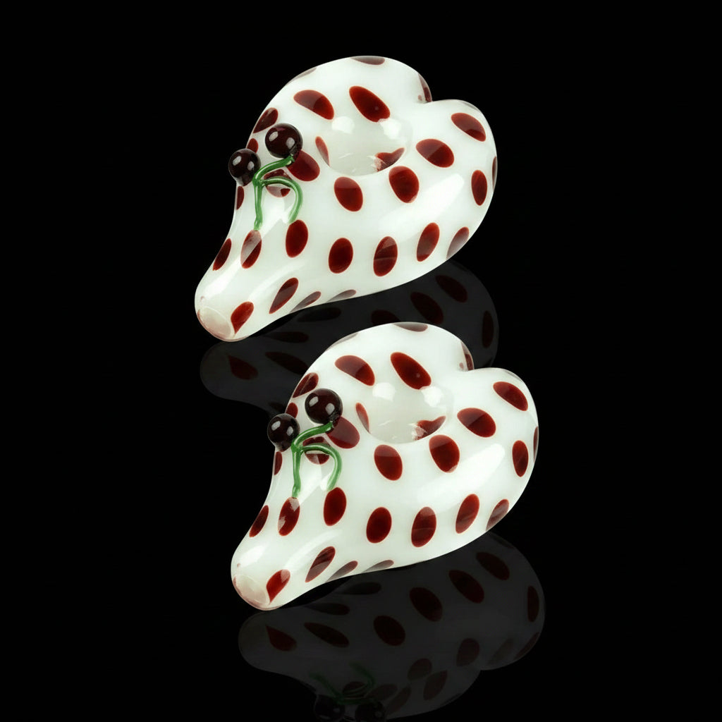 Heart Shape White Hand Pipe with Brown Dots and Cherry Adornment - SmokeMEGA