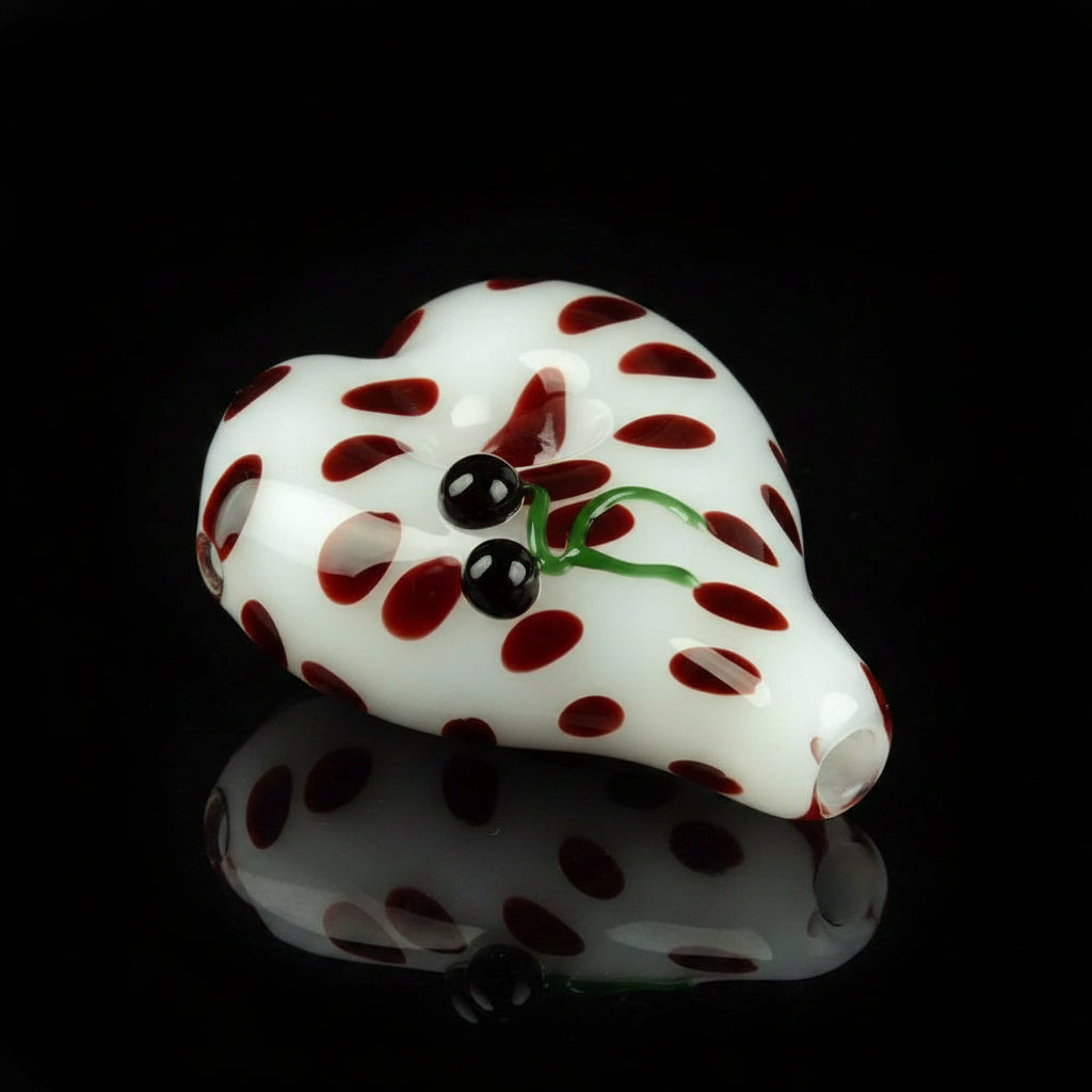 Heart Shape White Hand Pipe with Brown Dots and Cherry Adornment - SmokeMEGA