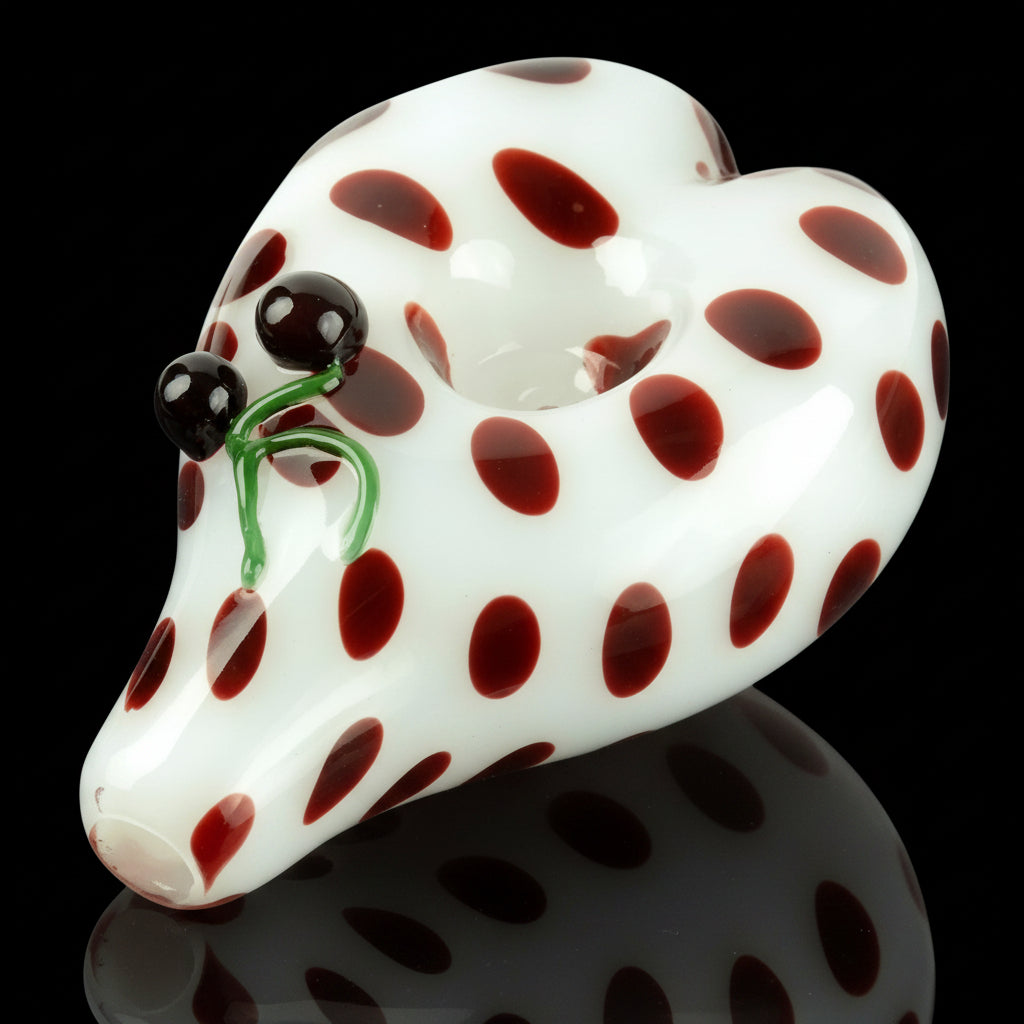 Heart Shape White Hand Pipe with Brown Dots and Cherry Adornment - SmokeMEGA