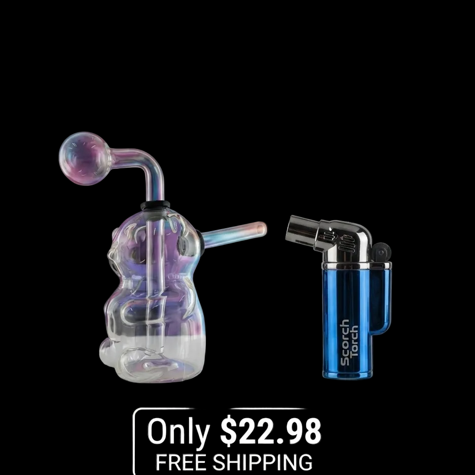 Teddy Bear Glass Oil Burner Bubbler + Scorch Torch Flint Lighter Bundle