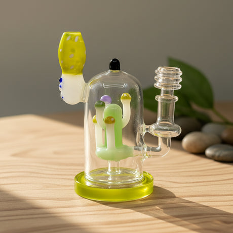 Mushroom Bloom 6" dab rig with vibrant colors and playful mushroom design, perfect for smooth hits and easy portability.
