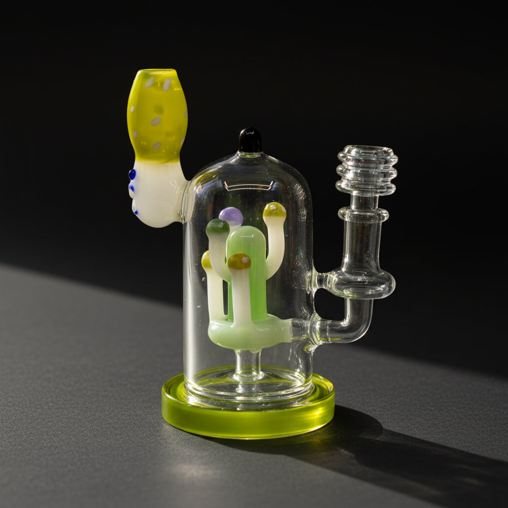 Mushroom Bloom 6" dab rig with vibrant colors and playful mushroom design, perfect for smooth hits and easy portability.